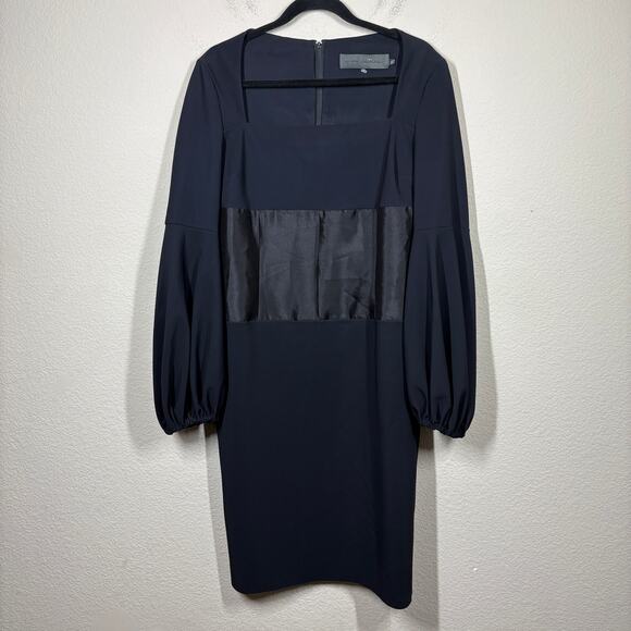 Greta Constantine Size XXL Square Neck Sheath Dress Black Silk Wool Long Sleeves - Picture 2 of 10